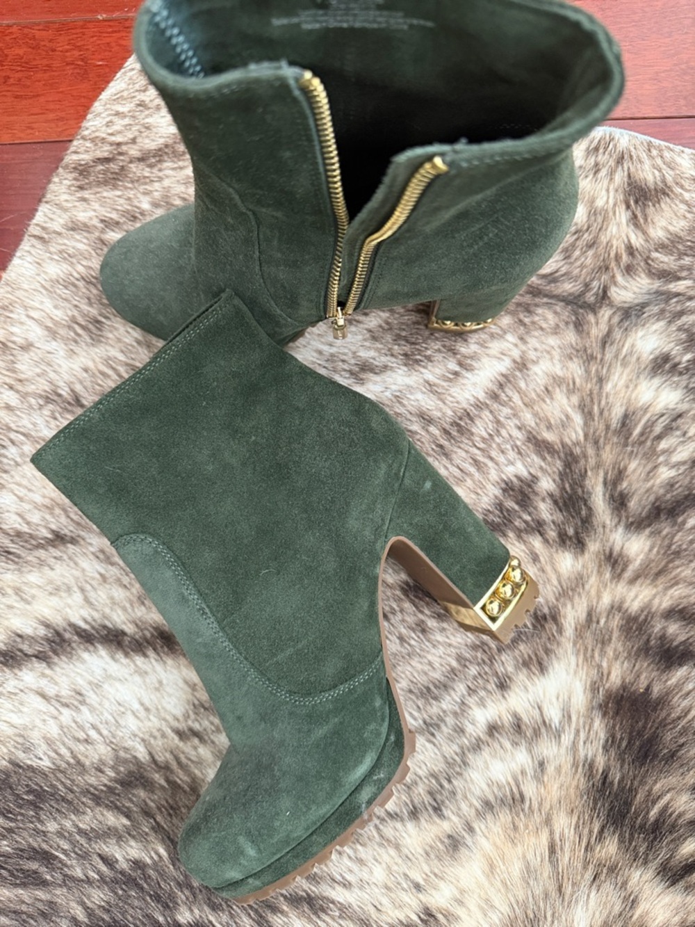 Karl Lagerfeld Dark Green Suede Ankle Boots with Gold Heel Detail